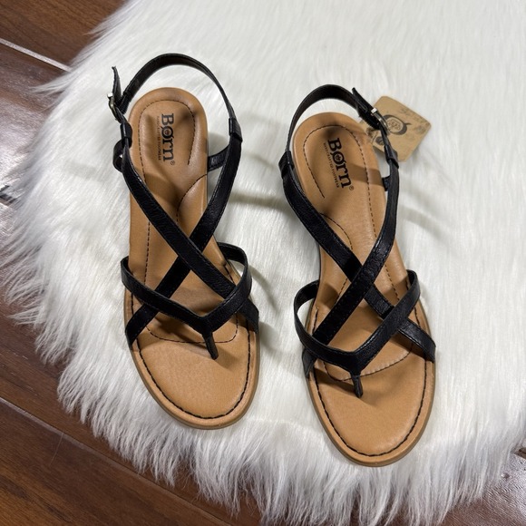 NEW Born Women's Size 7 M Black‎ Leather Sibyl Wedge Comfort Sandals Shoes - Picture 2 of 10